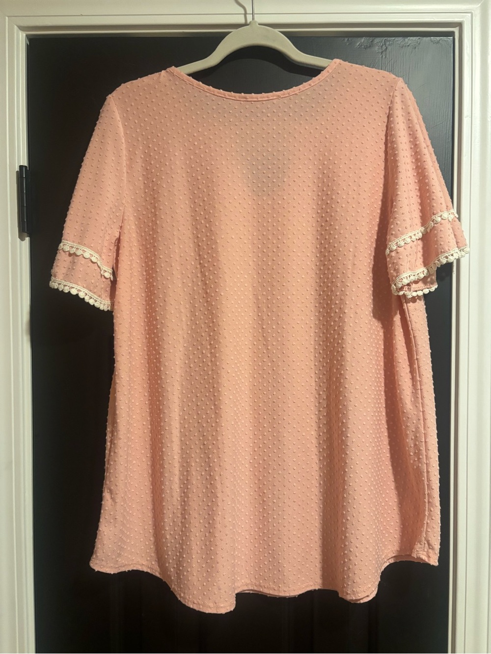 Light Peach Swiss Dot Short Sleeve Tunic with Lace Trim